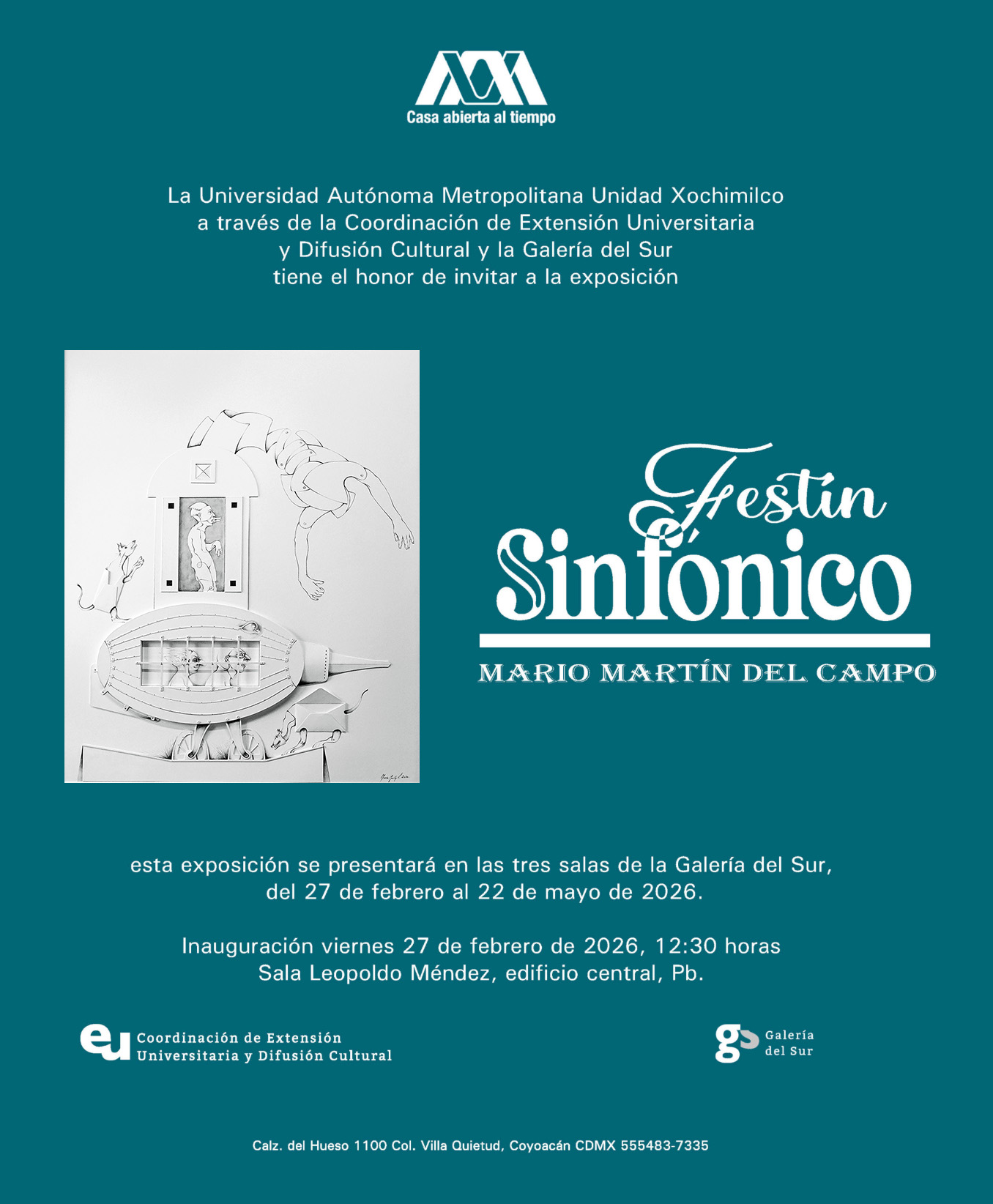 Esta exposición propone una lectura integral de la obra del Mtro. Mario Martín del Campo 

y acerca al simbolismo y carga emotiva de su producción artística, 

permitiendo a la comunidad universitaria adentrarse en una narrativa visual 

marcada por universos que dialogan con lo onírico, lo ritual y lo existencial.